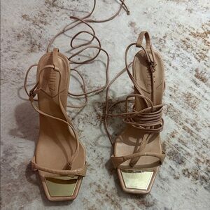 SCHUTZ Nude Strappy Heels with Gold Detail